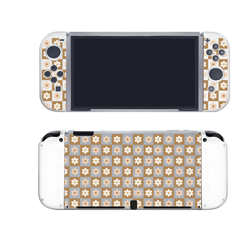 Introducing the petimint Cozy Checkered Flowers Case for Nintendo Switch—a handheld gaming console cover adorned with a semi-clear beige and white flower-patterned design, crafted from soft TPU material. The front view showcases the screen flanked by control buttons, while the back view reveals the durable, flexible patterned skin enveloping its entirety.