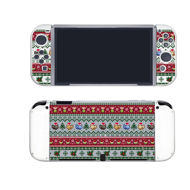 Enhance your Nintendo Switch with the petimint Stardew Christmas Case, a semi-clear handheld gaming console cover adorned with festive holiday-themed designs. This case features red, green, and white stripes decorated with pixel art of snowflakes, holiday motifs, and various characters. It's the perfect accessory to bring the holiday spirit into your gaming experience!