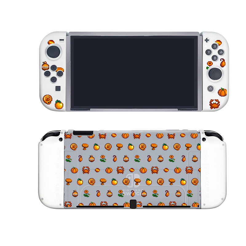 The Orange Stardew Items Case for Nintendo Switch by petimint is a semi-clear handheld gaming console case decorated with an autumn-themed design. The front and back feature small icons like pumpkins, acorns, mushrooms, and leaves with a mix of warm colors against a grey and white background—a perfect fit for the cozy gamer's collection.