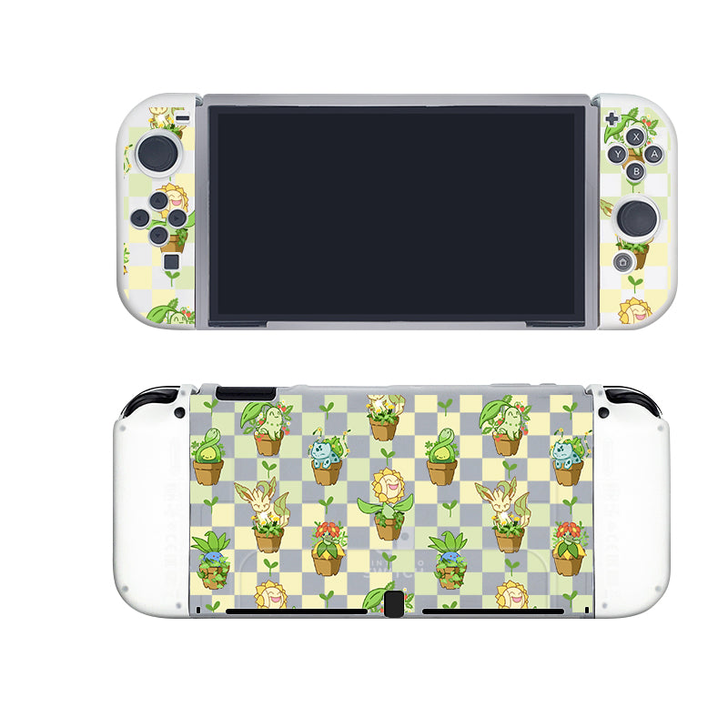 The petimint Pokepots Case for Nintendo Switch is a semi-clear handheld gaming console case featuring an adorable skin design with various cute cartoon characters in potted plants arranged in a grid pattern against a checkered background. Perfect for any cozygamer, this case maintains the visibility of controls on both sides of the central screen.