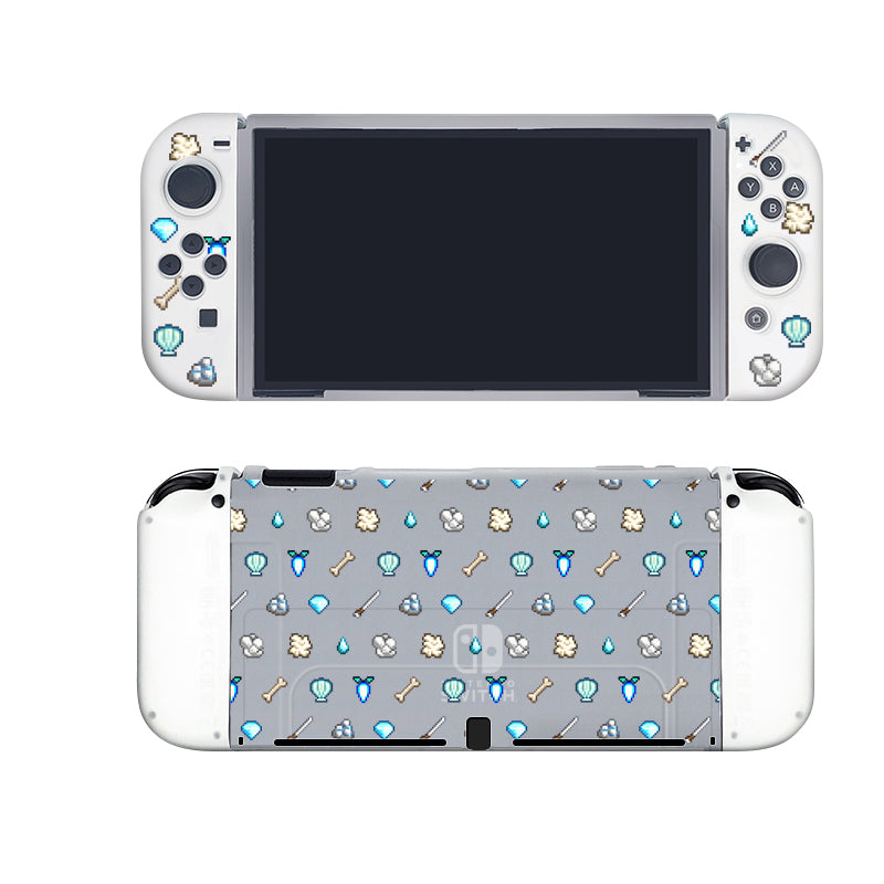 Introducing the White Stardew Items Case for Nintendo Switch by petimint. This semi-clear handheld gaming console case boasts a light gray theme adorned with adorable animal footprints, bones, and leaves. The front view reveals the screen and buttons, reminiscent of a Nintendo Switch layout, while the rear view showcases a patterned design featuring the same charming motifs.