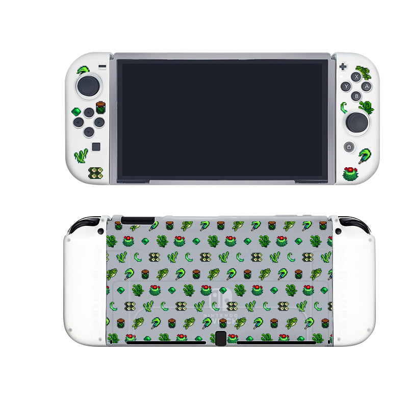 Introducing the Green Stardew Items Case for Nintendo Switch by petimint. This semi-clear case features a light green background adorned with various cacti patterns on the back. Designed with the cozy gamer in mind, its front showcases a large screen surrounded by controls including a directional pad and buttons, accented with small cactus designs around the frame for an extra touch of charm.