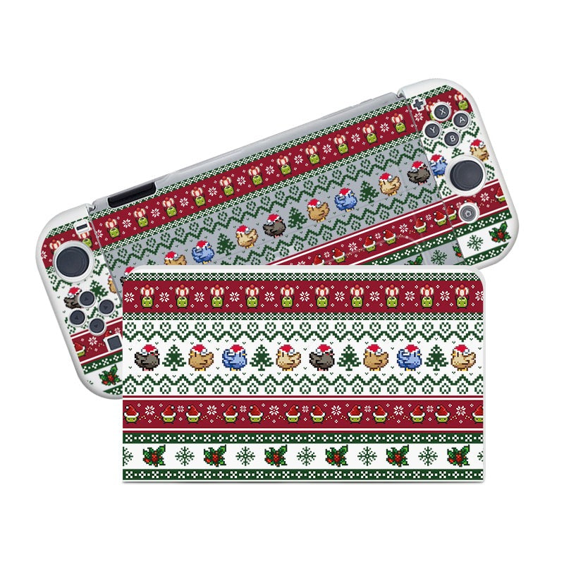 The Stardew Christmas Case for Nintendo Switch by petimint is a semi-clear handheld gaming console case adorned with a festive, holiday-themed skin. Perfect for the cozy gamer, this case features a red and green pattern with pixel art of trees, hearts, and various animals, including chickens and chicks. The design closely resembles classic knitted Christmas sweater apparel.