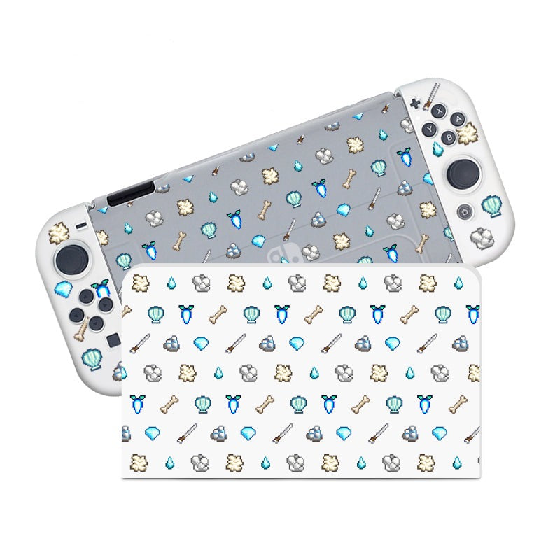 The White Stardew Items Case for Nintendo Switch by petimint comes in a semi-clear design and includes a matching controller cover. Both items feature an array of small, colorful icons such as blue and green crystals, animal paws, bones, swords, and teardrops against a light grey background. It's the perfect choice for gamers wanting to personalize their setup.