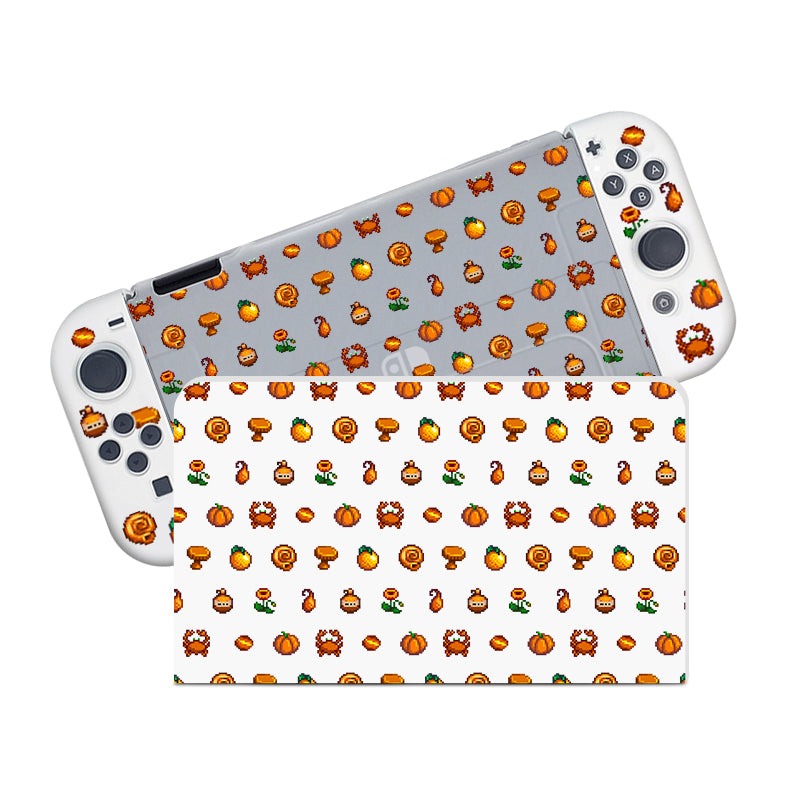 The Orange Stardew Items Case for Nintendo Switch by petimint boasts a semi-clear design featuring pumpkins, acorns, mushrooms, leaves, and autumn animals. The angled view of the console case showcases its intricate fall-themed pattern—a perfect addition for any gaming enthusiast.