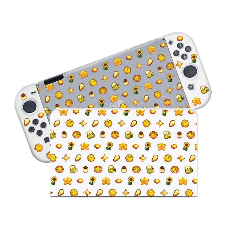 A handheld gaming console with detachable controllers is shown. The Nitnendo Switch and its docking station are encased in the petimint Yellow Stardew Items Case, which features a semi-clear, light-colored background adorned with a pattern of various icons, including sunflowers, stars, and coins in bright yellow, orange, and green hues.