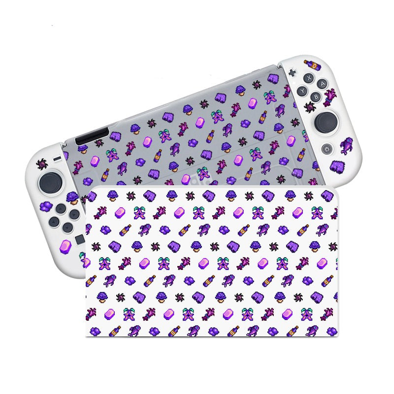 The Purple Stardew Items Case for Nintendo Switch by petimint is displayed alongside its dock, both set against a white background decorated with an array of small, colorful icons such as video game controllers, purple crystals, potions, swords, helmets, and other game-related items. The semi clear case features black buttons and joysticks—an aesthetic every cozygamer will adore.