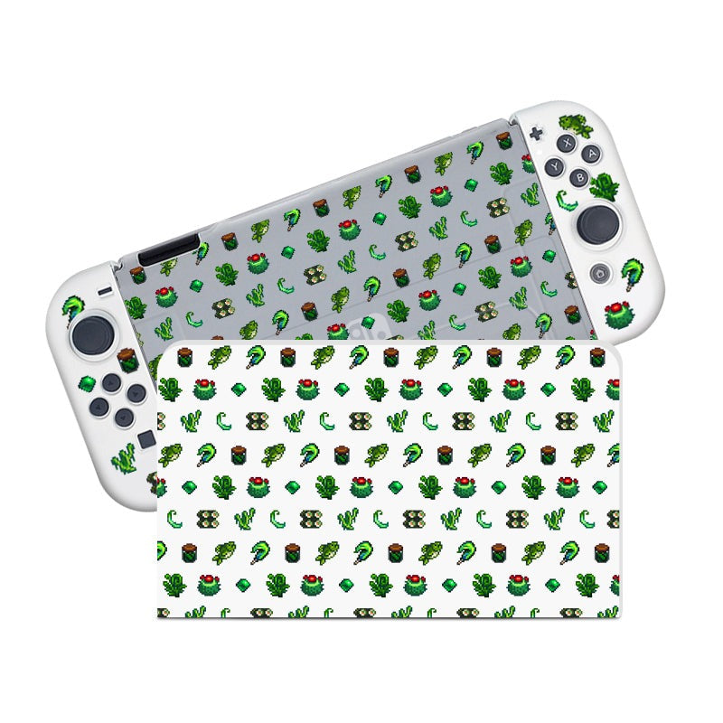 The Green Stardew Items Case for Nintendo Switch by petimint is a semi-clear, handheld gaming console accessory featuring a decorative pattern of various small, pixelated vegetables and plants. The pattern includes items like broccoli, lettuce, peas, and carrots, arranged uniformly across the case—perfect for any gamer.