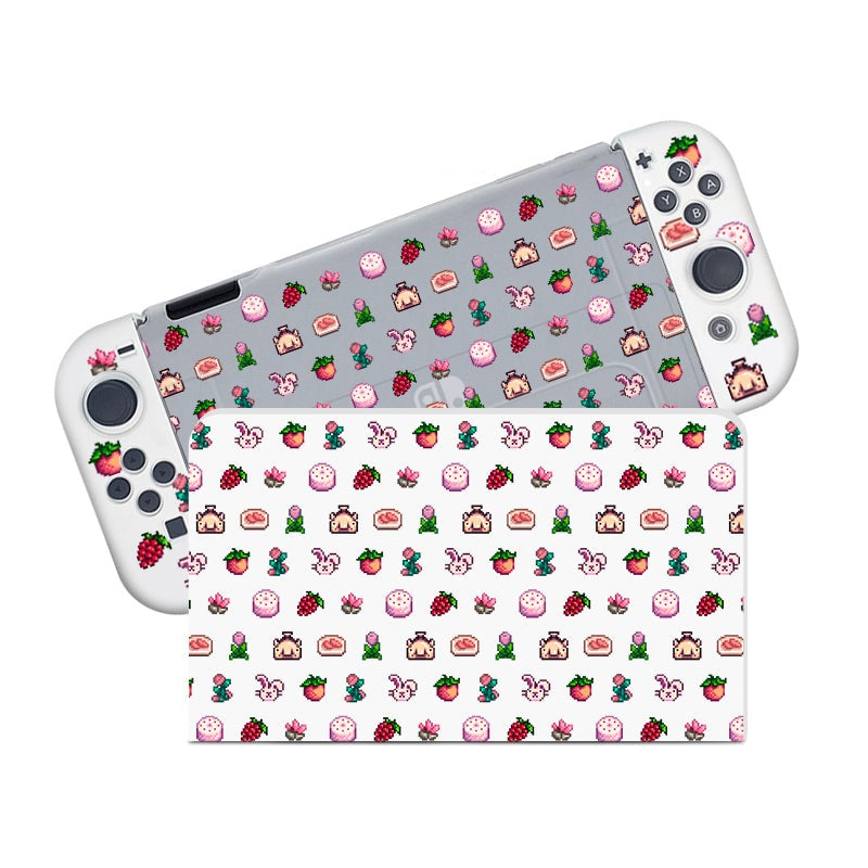 The semi-clear Pink Stardew Items Case for Nintendo Switch from petimint features a charming pattern adorned with rabbits, strawberries, cakes, and other delightful illustrations. Additionally, a matching sheet with the same enchanting design is placed beside the case—an essential accessory for any cozygamer.