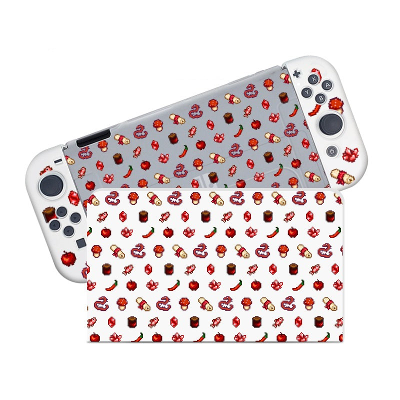 A cozygamer’s dream, the Red Stardew Items Case for Nintendo Switch by petimint is reminiscent of a Nitnendo Switch, featuring a semi-clear skin adorned with vibrant images like red bell peppers, green chili peppers, mushrooms, and other playful icons. The whimsical pattern envelops both the front and back of the device.