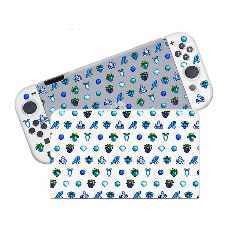 Presenting the Blue Stardew Items Case for Nintendo Switch by petimint. This semi-clear case is adorned with a pixel art-themed pattern showcasing various small blue, green, and purple objects such as dice, gems, and characters. Ideal for any gamer, it features buttons and thumbsticks on both sides of the screen.