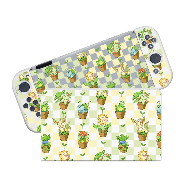 The Pokepots Case for Nintendo Switch by petimint and its detachable controllers showcase an adorable Pokémon design. The console skin displays various Pokémon characters in plant pots against a checkered backdrop of pastel green, yellow, and white.