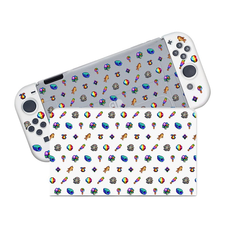 Two gaming controllers, set against white and gray backgrounds, are adorned with colorful random patterns featuring rockets, unicorns, rainbows, and clouds. Ideal for any gamer, these controllers come equipped with buttons and joystick controls. Perfect for your next Nintendo Switch session when paired with the semi-clear Rainbow Stardew Items Case by petimint.