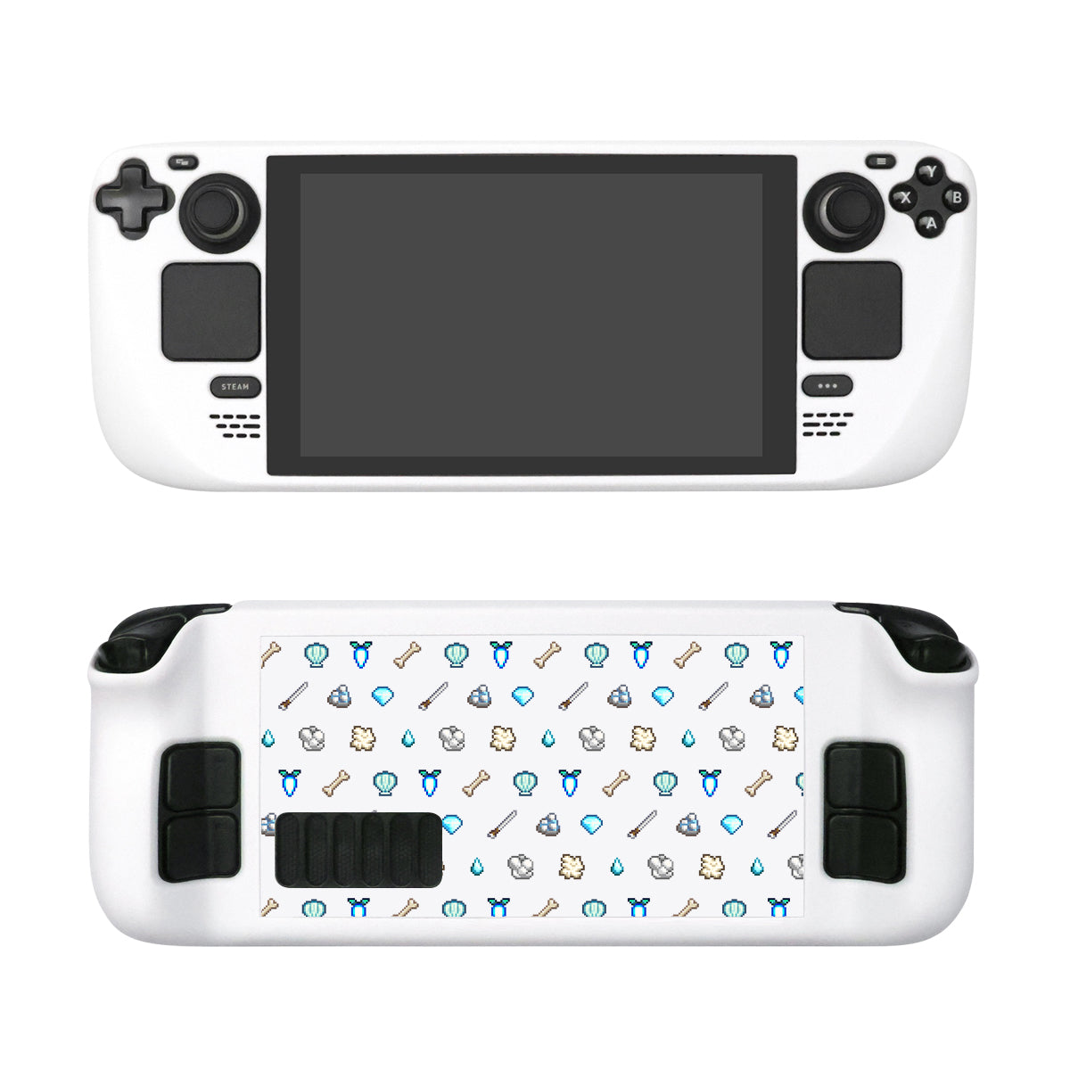 The White Stardew Items Steam Deck Case by petimint is shown with a blank screen. The front has black buttons and joysticks. The back features a pattern of small colorful icons, including game controllers, lightning bolts, and clouds on a white background—perfect for any gamer.
