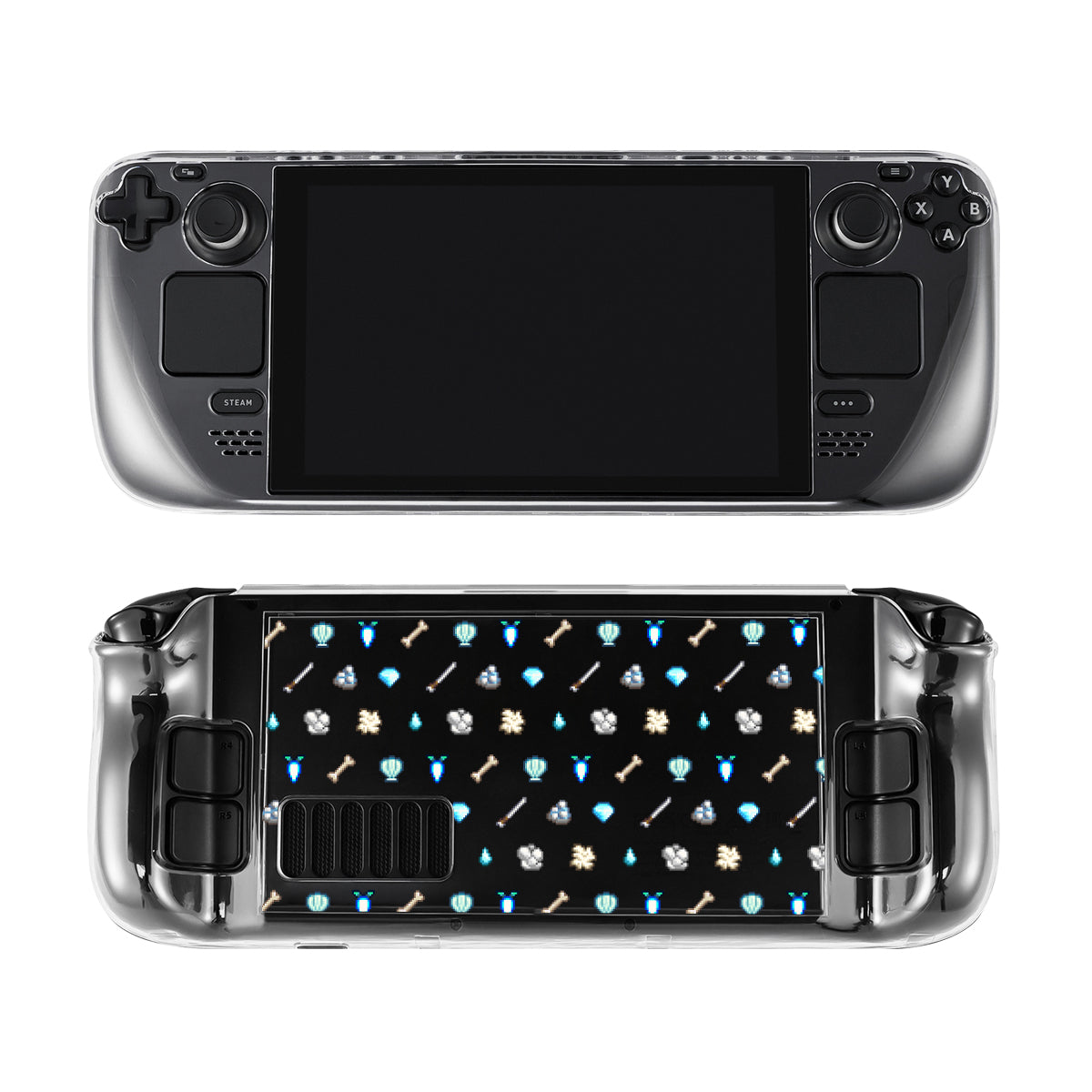 Introducing the White Stardew Items Steam Deck Case by petimint. This clear, handheld gaming console case features a black screen on the front and a detailed, crystal-themed graphic design on the back. Perfect for any gamer, the design showcases various blue and white gem-like icons alongside tools like pickaxes and shovels, arranged in a repeating pattern reminiscent of themes from popular Nintendo Switch games.