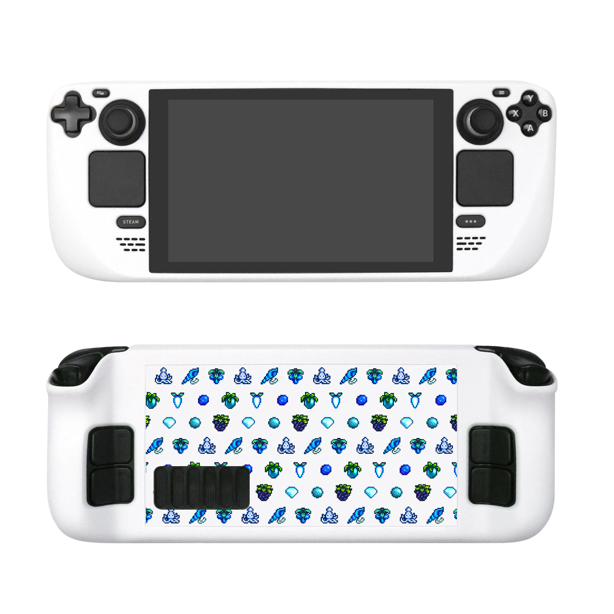 The product is a white handheld gaming console case from petimint, featuring a Blue Stardew Items pattern that showcases small blue and green cartoon turtles, butterflies, frogs, and fruits. This stylish accessory enhances your gaming experience with its charming design.