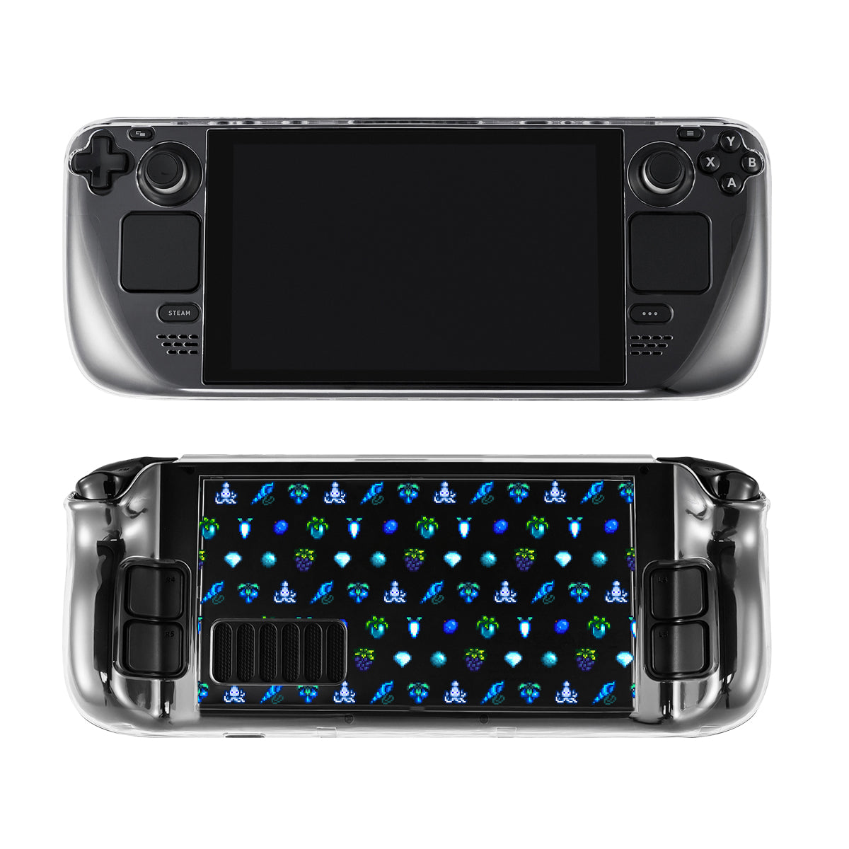 An image of a handheld gaming console featuring the Blue Stardew Items Steam Deck Case by petimint. The front displays the control buttons and a blank screen, while the back, perfect for any cozygamer, showcases a clear case adorned with various blue and green science fiction-themed icons, including spaceships, planets, and futuristic symbols.