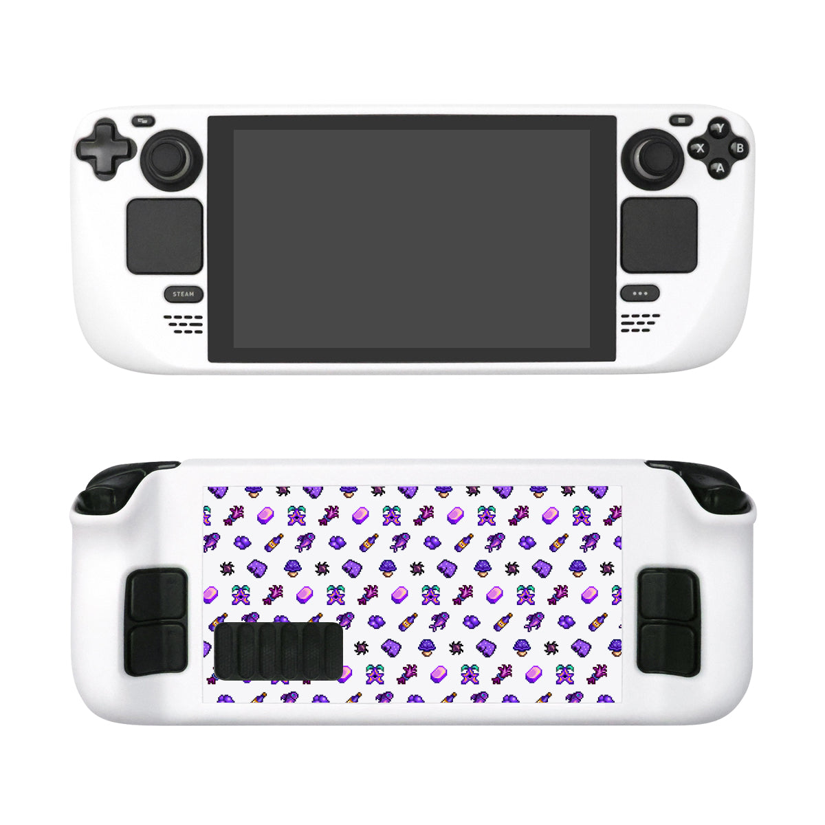 The Purple Stardew Items Steam Deck Case by petimint, featuring a sleek white body similar to a Nitnendo Switch, is displayed from the front and back. The front boasts a large screen framed by control buttons and joysticks, while the back is adorned with a cozygamer pattern of small purple and black game controllers and video game icons.