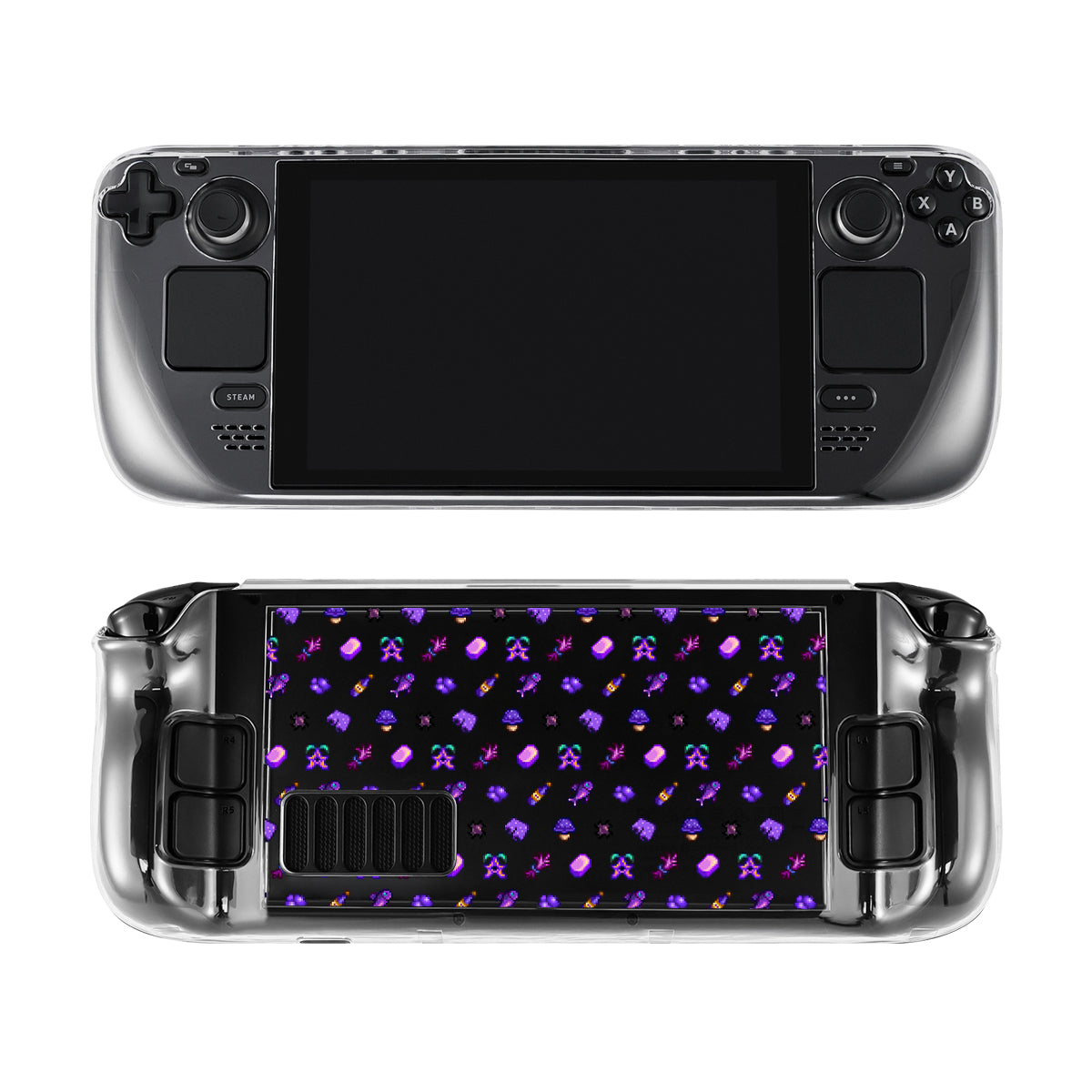 The Purple Stardew Items Steam Deck Case by petimint, in a clear design, is shown from both the front and back. The back showcases a detailed pattern of colorful gaming icons on a black background, reminiscent of Nintendo Switch designs.