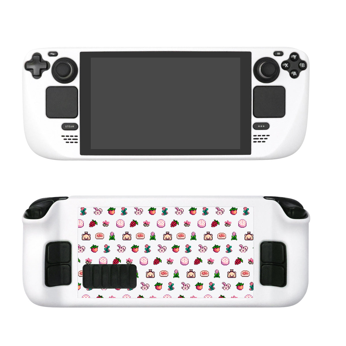 A handheld gaming console case, reminiscent of a Nintendo Switch, with a large screen and various buttons, in white color by petimint is shown. The backside features a cute and colorful pattern of small cartoon characters and items including mushrooms, cherries, and flowers. This is the Pink Stardew Items Steam Deck Case.