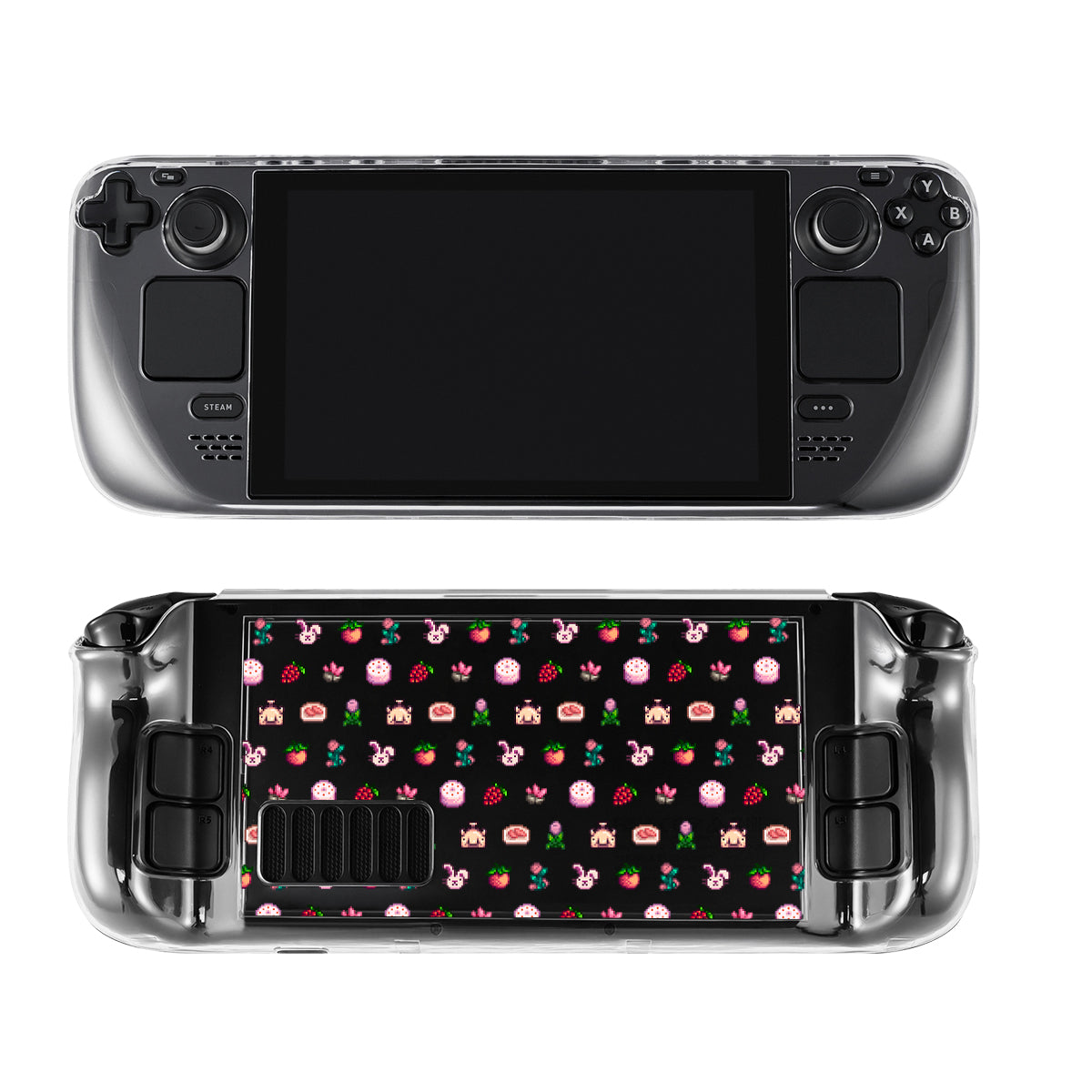 Two views of the Pink Stardew Items Steam Deck Case by petimint: the top view displays a blank screen with various control buttons, while the rear view boasts a colorful, cute pattern of small animals and desserts on a clear background—a true cozygamer's delight.