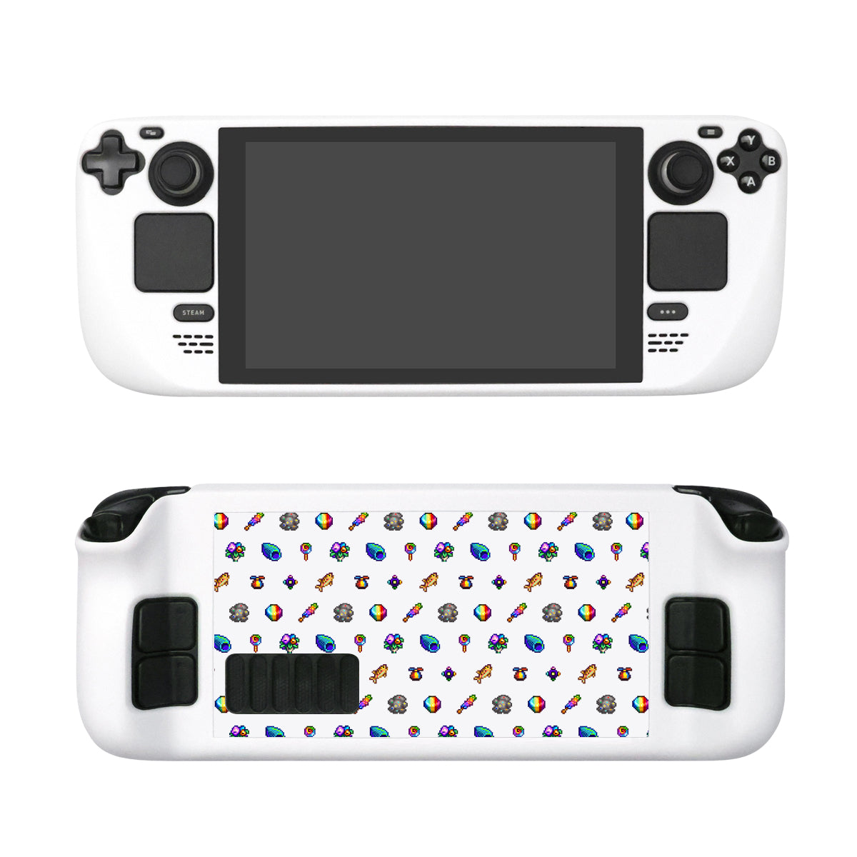 The Rainbow Stardew Items Steam Deck Case by petimint is shown from the front and back views. The front features a screen, buttons, and joysticks. The back is decorated with various colorful gaming-themed icons scattered across the white surface, making it perfect for any cozygamer's collection of stylish gaming apparel.