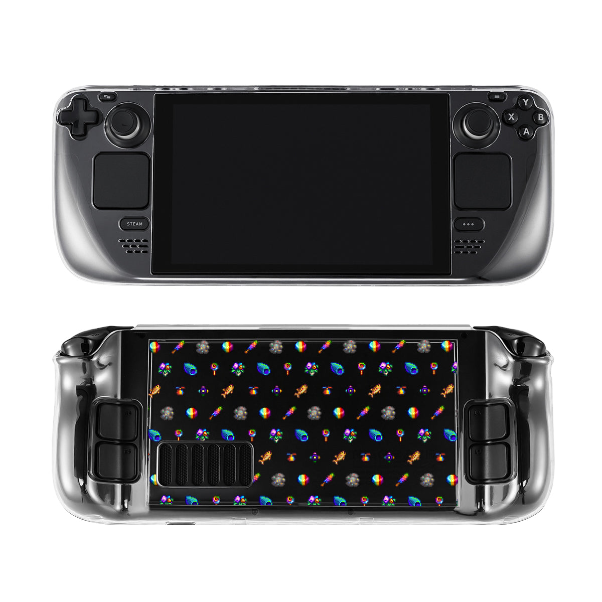 The Rainbow Stardew Items Steam Deck Case from petimint is showcased from both the front and back. The front highlights a large screen with intuitive control buttons and joysticks on either side, catering perfectly to any cozygamer. The back reveals a custom skin featuring a vibrant pattern of small, varied icons set against a black background, almost like stylish apparel for your tech.