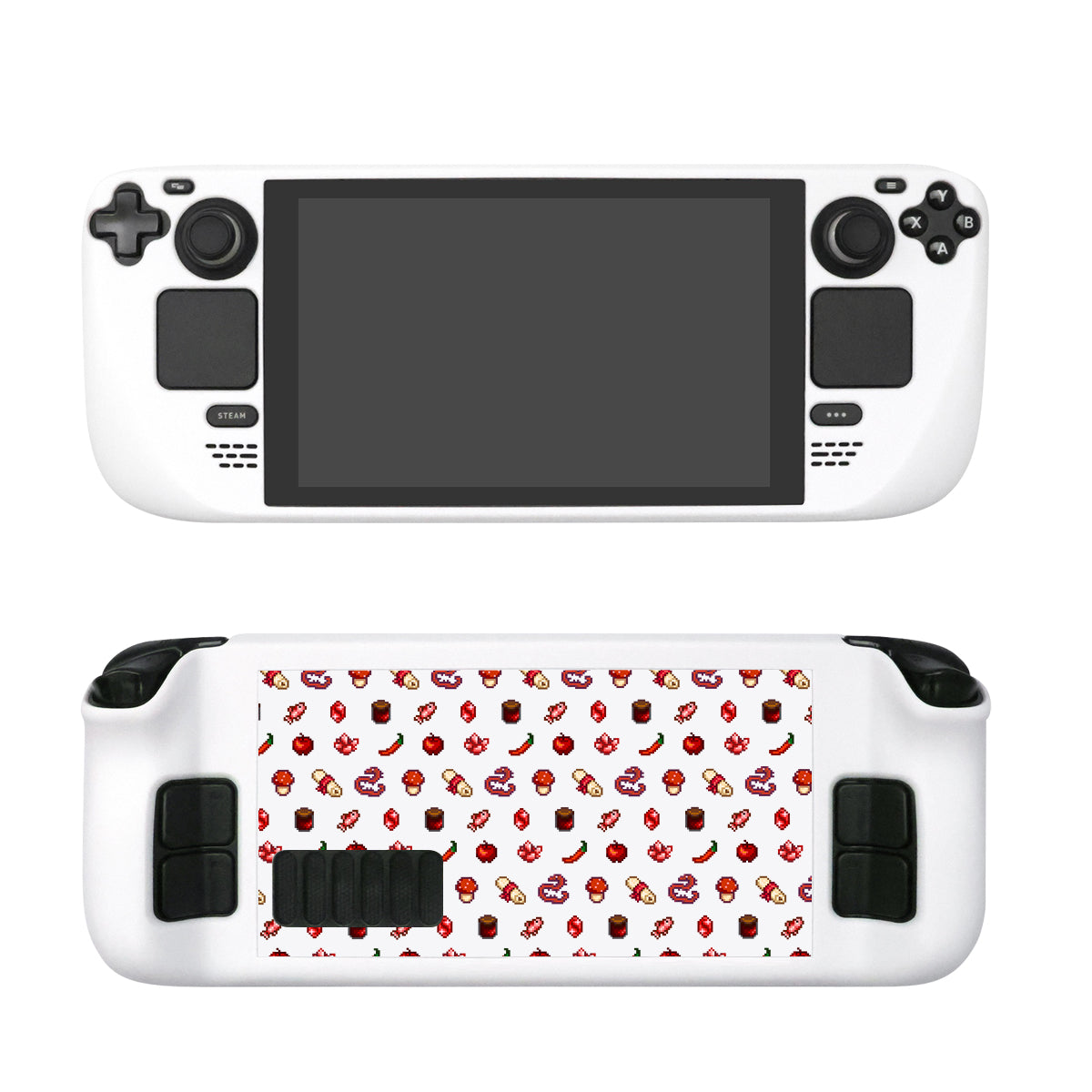 A portable gaming console with a white exterior is shown. The front displays a blank screen and various buttons. The back features the Red Stardew Items Steam Deck Case by petimint, showcasing a decorative, colorful pattern with small, cartoon-like icons including mushrooms, stars, and game controllers on a white background—a perfect accessory for any gamer.