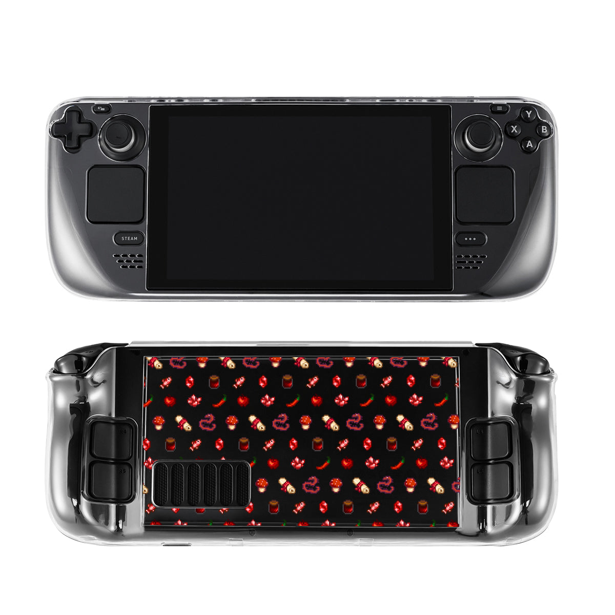A handheld gaming console featuring the Red Stardew Items Steam Deck Case by petimint is shown from the front and back. The front view displays a large screen and control buttons, while the back features a clear case adorned with an array of small, colorful icons including cupcakes, strawberries, and hearts on a black background—a true gamer’s delight.