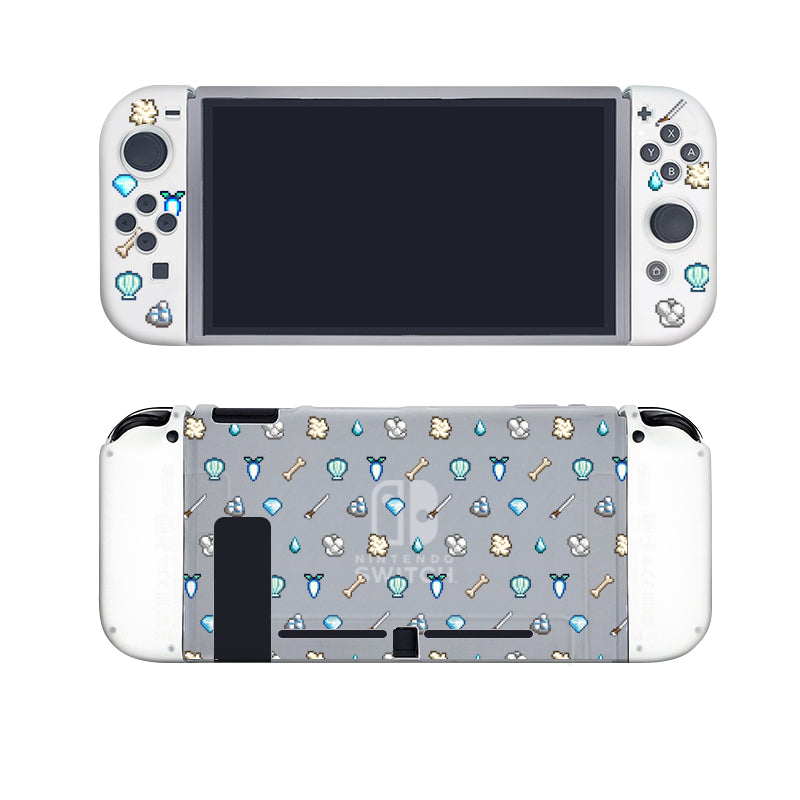 The White Stardew Items Case for Nintendo Switch by petimint showcases both front and back views. The case features a semi-clear white frame with a light grey backplate adorned with a charming pattern of light blue shells, gold coins, and bone icons. The front buttons are black, and there's ample space for the large screen in the center—a must-have accessory for any serious gamer.
