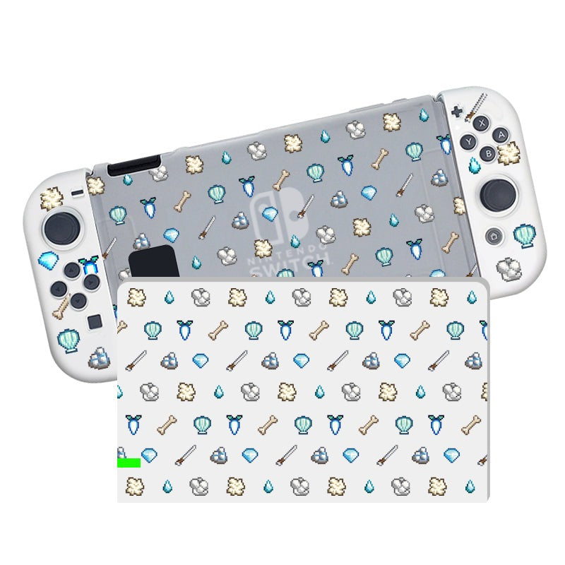 A semi-clear White Stardew Items Case for the Nintendo Switch by petimint is displayed on a light grey background adorned with a repeating pattern of small icons, including seashells, fossils, shovels, and leaves. The case stands out with its white background featuring a similar charming design—perfect for any gamer.