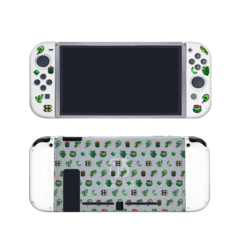 The Green Stardew Items Case for Nintendo Switch by petimint boasts a semi-clear white body adorned with custom green cactus-themed decals. The front screen remains off, while the back features a charming pattern of cacti and small decorative elements, making it perfect for any cozygamer. Controls include buttons and joysticks positioned on either side of the screen.