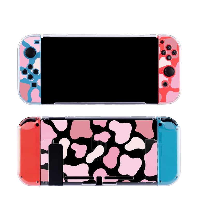 Introducing the Strawberry Cow Case for Nintendo Switch by petimint, this gaming console accessory features a vibrant cow-print design in shades of pink, black, and blue on both the controllers and back. The dockable case offers easy connectivity with a front that reveals the screen, while proudly showcasing its unique design on the back.