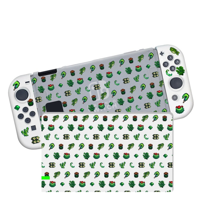 A semi-clear gaming controller case by petimint, named the Green Stardew Items Case for Nintendo Switch, features a detachable back panel adorned with a charming green plant-themed pattern. This design includes various small illustrations of cacti, succulents, and other potted plants, making it a unique and perfect accessory for any gamer's setup.