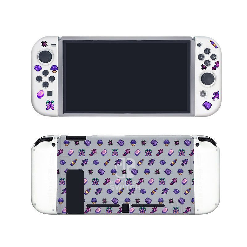 A semi-clear Purple Stardew Items Case for Nintendo Switch by petimint, featuring a design reminiscent of pixelated icons and characters in purple and green. The screen remains central with controllers on both sides, while the back displays a white surface decorated with these vibrant patterns, extending seamlessly onto the front controllers.