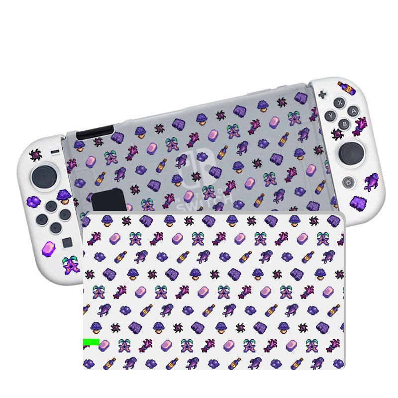 Image of a Nintendo Switch encased in the Purple Stardew Items Case by petimint. The semi-clear case features pixel art characters and objects, adorning the console's controllers and main body with colorful, retro-style graphics. This playful, nostalgic design is perfect for any CozyGamer to enjoy.
