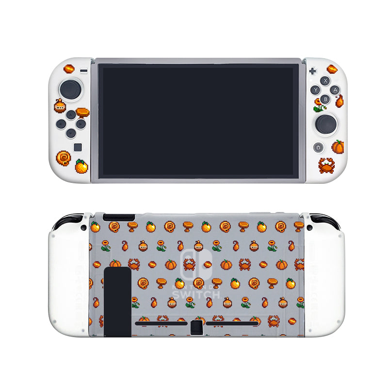 An image of the semi-clear orange Stardew Items Case for the Nintendo Switch console by petimint. The front features various classic video game icons, and the back is adorned with a repeating pattern of game icons, including mushrooms, fire flowers, and other colorful symbols—perfect for any gaming enthusiast.