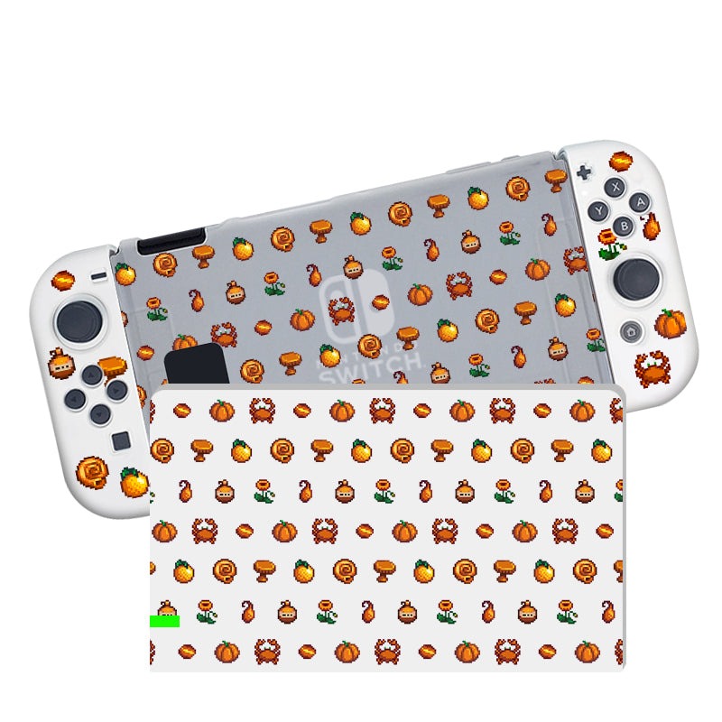 The Orange Stardew Items Case for Nintendo Switch by petimint, featuring a semi-clear light gray backplate and white controllers, is adorned with small, colorful icons such as pumpkins, mushrooms, leaves, acorns, and flowers in a repeating pattern. The screen protector carries the same matching design, making it perfect for any gamer’s aesthetic.