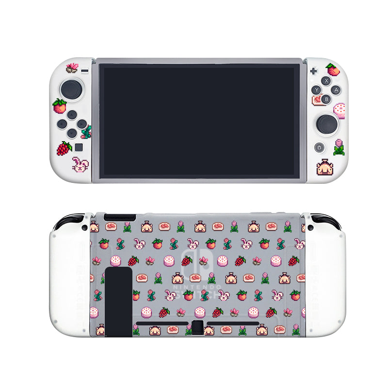 Introducing the Pink Stardew Items Case for Nintendo Switch by petimint, an ideal accessory for any cozy gamer. This semi-clear case features white controllers embellished with vibrant pixel art illustrations of strawberries, pies, and beverages. The front screen maintains a sleek black appearance, while the back cover highlights the same charming pixel art designs.