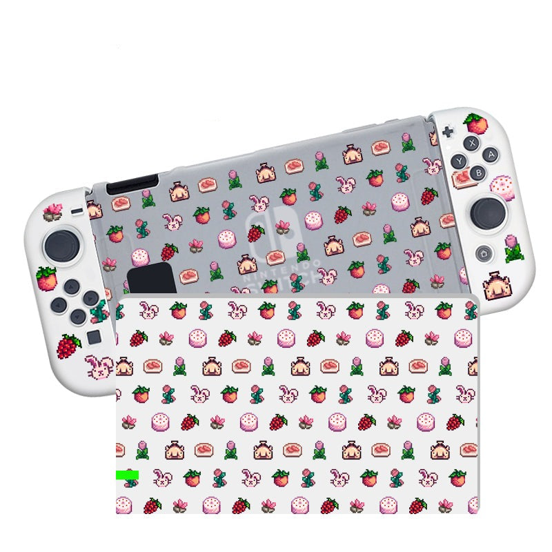 The Pink Stardew Items Case for Nintendo Switch by petimint is a semi-clear cover adorned with a cozygamer pattern featuring strawberries, small cakes, and bunny illustrations. This enchanting design extends seamlessly across both the case and the attached controllers, making it a delightful addition to any gamer's collection.