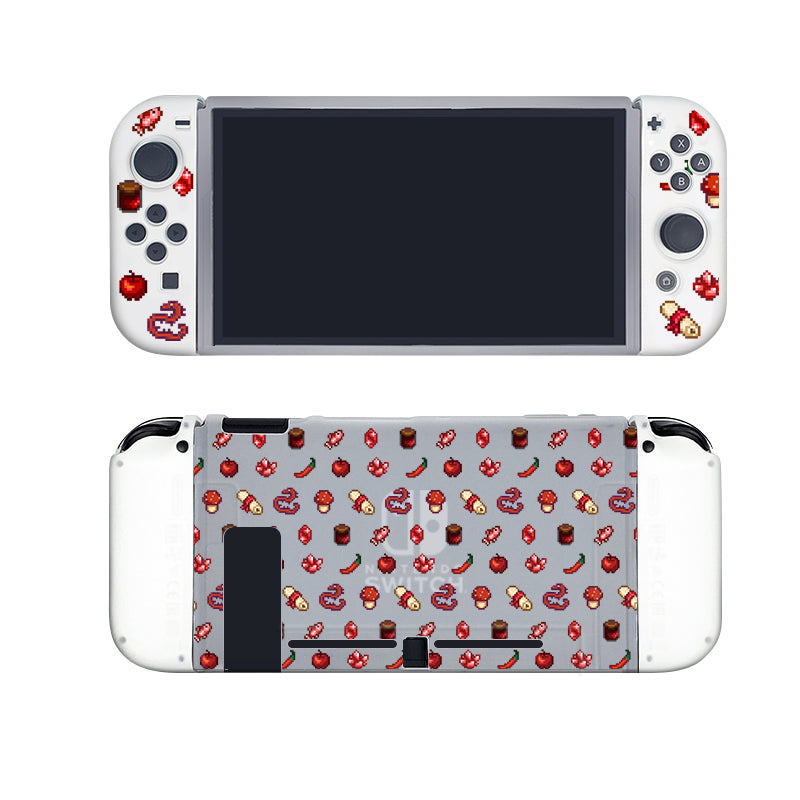 A semi-clear Red Stardew Items Case for the Nintendo Switch by petimint, customized with a repeating pattern of pixel art illustrations featuring red apples, mushrooms, and small red creatures against a gray background, encases the device and its detachable controllers. The screen is turned off.