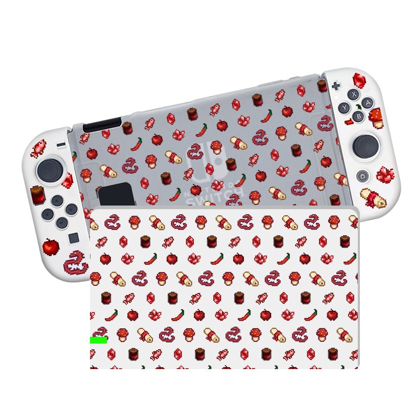 The Red Stardew Items Case for Nintendo Switch by petimint is a semi-clear, handheld gaming console accessory adorned with a vibrant gaming-themed pattern. It features various pixelated items like mushrooms, sausages, drinks, and bombs set against a light background—making it the perfect addition for any avid gamer.