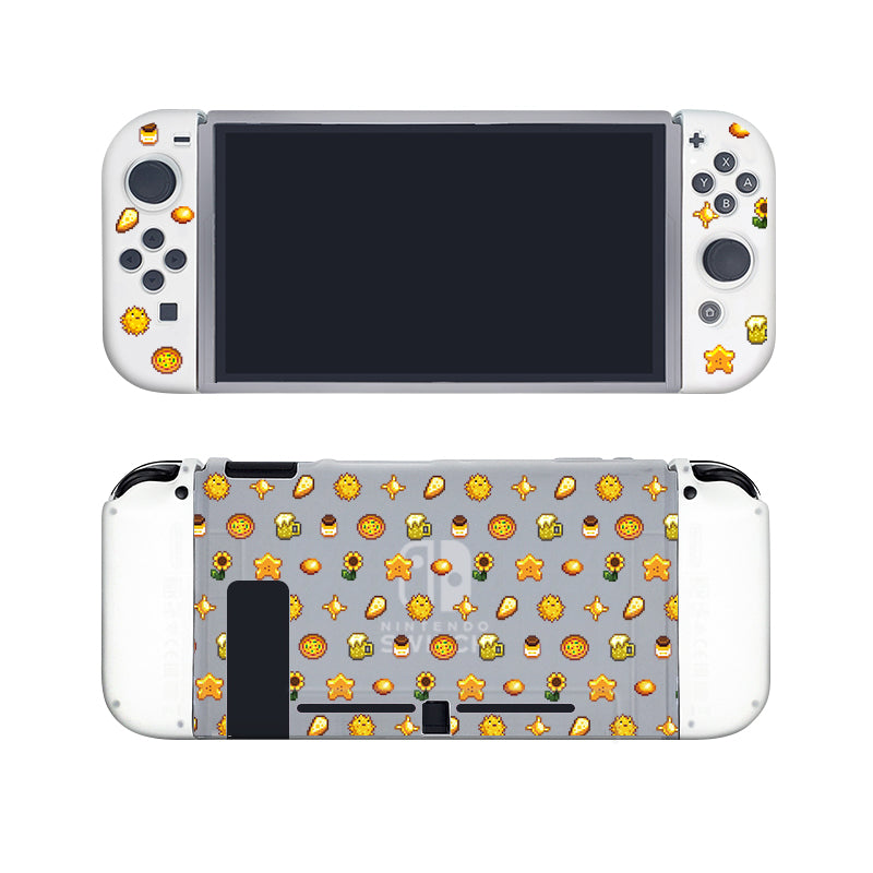 A cozygamer's dream, this Yellow Stardew Items Case for Nintendo Switch by petimint features various small sushi and seafood-themed stickers, including sushi rolls, fish, starfish, and more. The front screen is off, and both the semi-clear front and back surfaces are primarily white with vibrant stickers adorning them.