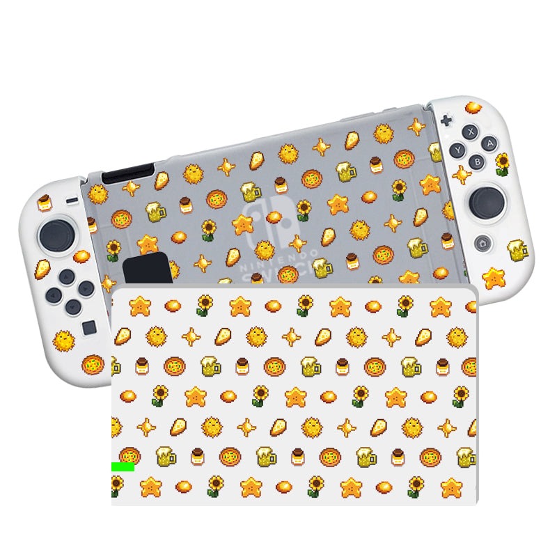 Presenting the Yellow Stardew Items Case for Nintendo Switch by petimint—a semi-clear handheld gaming console and dock adorned with a vibrant skin featuring a pattern of various pixelated icons, including suns, stars, suns with faces, sushi rolls, and yellow bags on a white background. Perfect for any cozygamer, the buttons and joysticks of this Nintendo Switch remain visible.