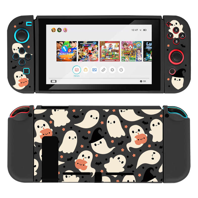 Here's the revised sentence incorporating your provided product data:
A Nintendo Switch adorned with the petimint Spooky Ghost Case, featuring a detachable controller with a ghost-themed design on a black background. The screen displays a game selection menu with various game icons. The back of the console, resembling stylish gaming apparel, is also embellished with the same ghost pattern.