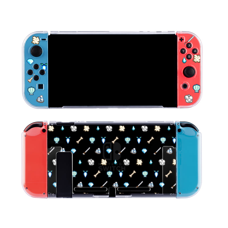 A cozy gamer's dream: a Nintendo Switch console with the White Stardew Items Case by petimint. The clear shell cover features charming graphics that delight any Stardew Valley fan, adding a personalized touch to your gaming experience.