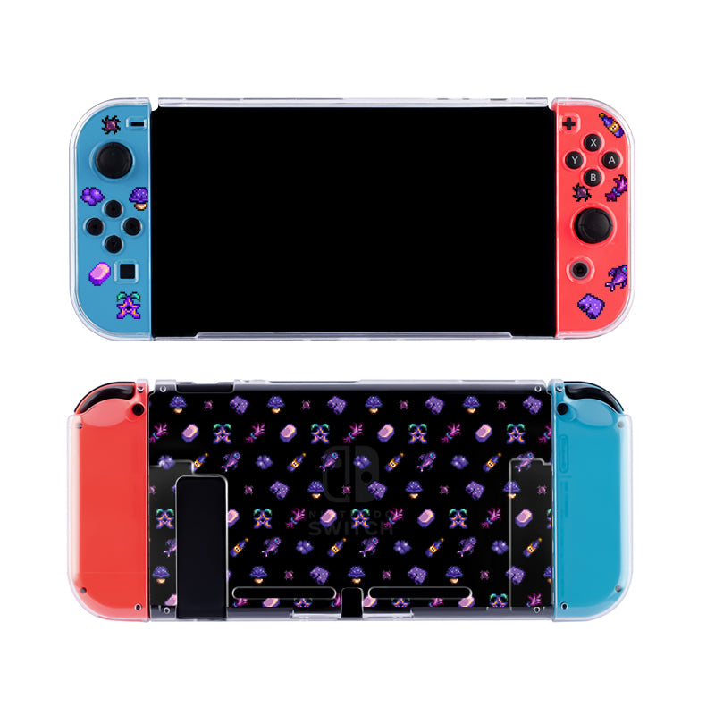 Introducing the petimint Purple Stardew Items Case for Nintendo Switch—a compact, portable accessory ideal for any cozygamer. The case features colorful, decorated controller covers: the left one is turquoise with various icons, while the right one is red with similar icons. The back of the case displays more vibrant icons against a dark background.