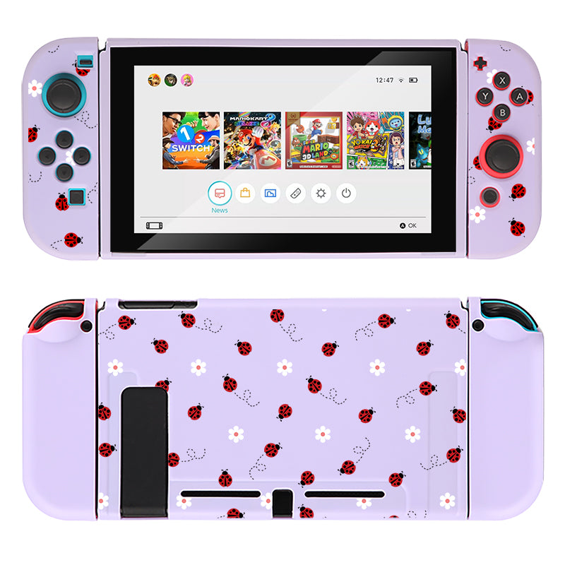 Introducing the Little Ladybug Case for Nintendo Switch by petimint—a stunning lilac-colored handheld gaming console case adorned with charming red ladybugs and delicate white flowers. Perfect for any gamer, it features a screen displaying game icons with controls on the side. The back of this stylish piece also showcases the same delightful ladybug and flower pattern, making it a true gem in gaming accessories.