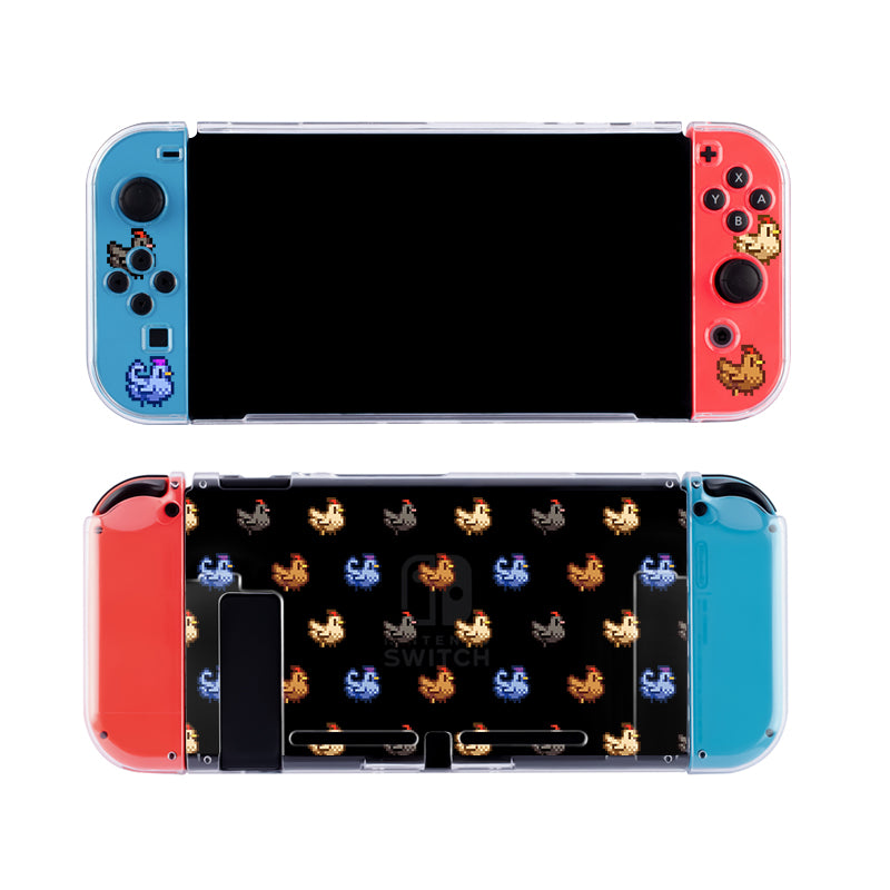 Experience unparalleled comfort and style with the Chicken Stardew Valley Case for Nintendo Switch from petimint. Featuring red and blue detachable controllers, this gaming console boasts a screen section free of distractions while the underside showcases an exquisite design of multicolored pixelated cats in various poses. Enhance your gameplay with this clear switch grip case, designed to elevate your gaming sessions every time you play.