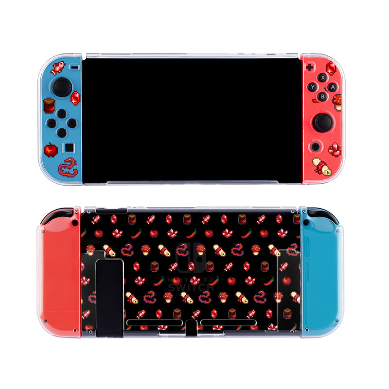 Introducing the Red Stardew Items Case for Nintendo Switch by petimint, perfect for the cozygamer. The left Joy-Con is themed in blue with small red pixel art icons, including a heart and a bomb. The right Joy-Con is red with icons like a wizard hat. The back cover features a black background with a pixel art pattern. All in clear color to showcase your device beautifully!